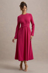 Cassiopeia | Hot Pink Long-Sleeve Midi Dress With Cross Waist
