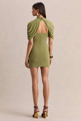 Perdi | Olive Bodycon Mini Dress With Twisted Cape
