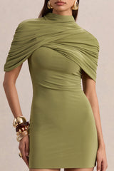 Perdi | Olive Bodycon Mini Dress With Twisted Cape