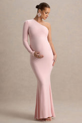 Heloise | Pink Asymmetric One-Sleeve Maternity Maxi Dress
