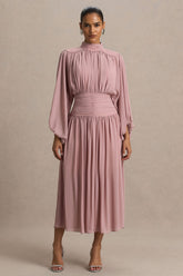 Annabel | Dusty Pink High-Neck Midi Dress With Pleating