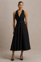 Alessa | Black Plunge-Neck Tailored Midi Dress