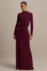 Melissa | Burgundy Long-Sleeve Wrap Maxi Dress With Draped Detailing