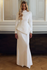 Pepita | Cream High-Neck Tailored Maxi Dress With Drop-Waist And Satin Skirt