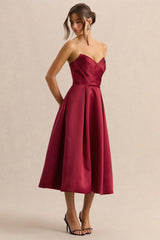 Promises | Red Satin Sweetheart-Neck Midi Dress