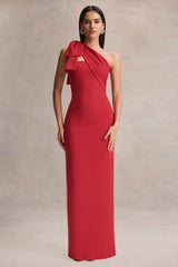 Adara | Red Asymmetric-Neck Maxi Dress With Bow-Detail
