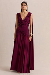 Amelisse | Burgundy Plunge-Neck Maxi Dress With Ruched-Detailing