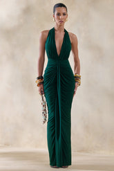 Lesley | Bottle Green Plunge-Neck Maxi Dress