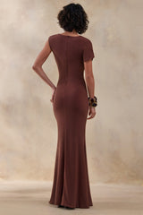 Blaire | Brown Asymmetric-Neck Maxi Dress With Gold-Detailing