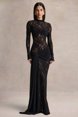 Akira | Black Lace Maxi Dress With Sash-Detail