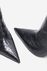 Uptown | Black Croc Fitted Over-Knee Pointed Heeled Boots
