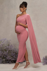 Amaryllis | Blush Pink Maternity One Shoulder Maxi Dress with Cape Sleeve