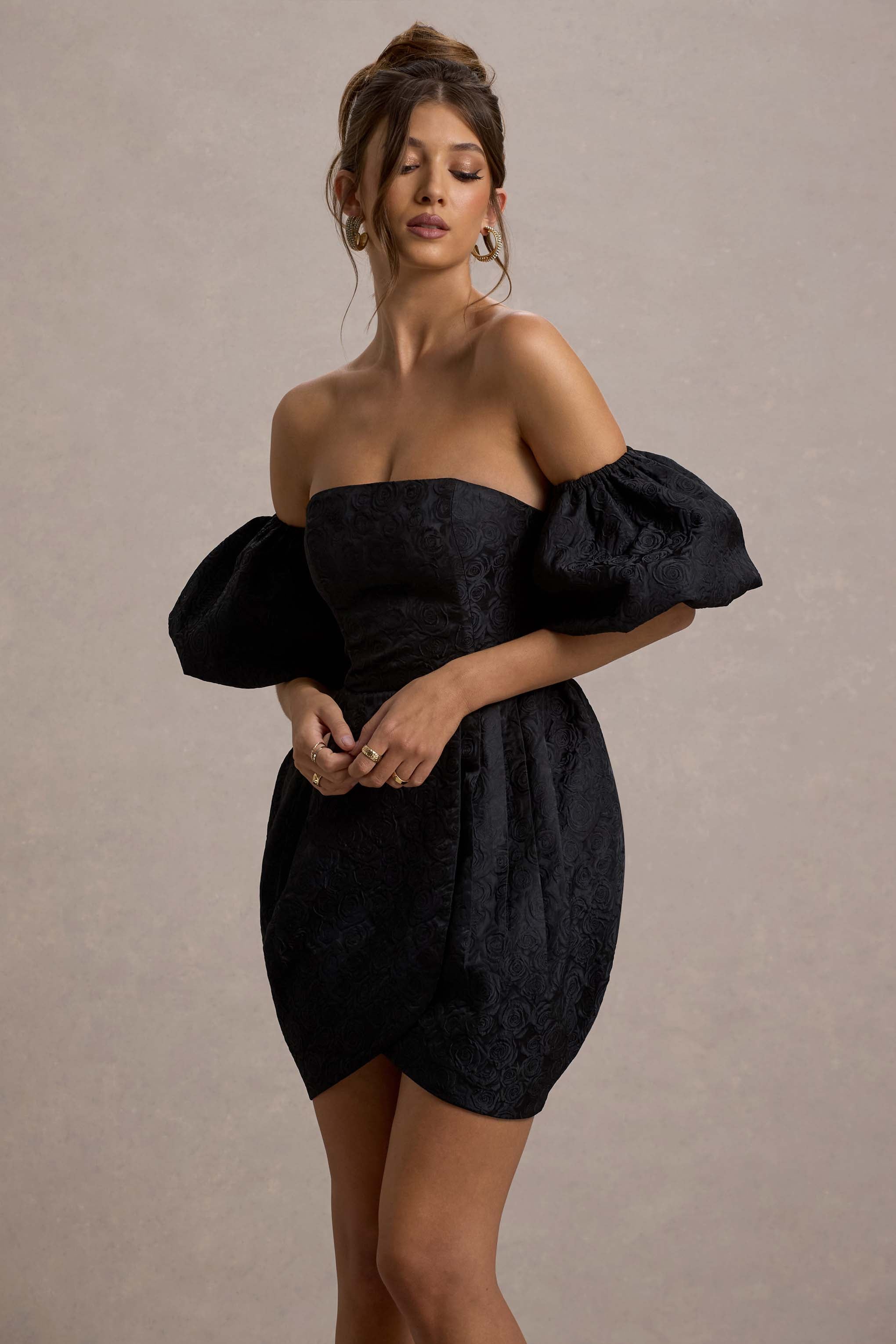 Ramone | Black Bardot Mini Dress With Tulip Hem
