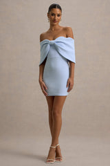 Sadie | Powder Blue Bow Bardot Mini Dress