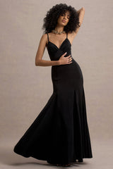 Ashly | Black Satin Maxi Dress With Volume Hem