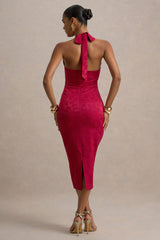 Aine | Red Satin Jacquard Cowl-Neck Midi Dress
