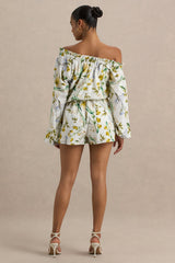 Waterfall | Lemon Floral Print Asymmetric Long-Sleeve Playsuit