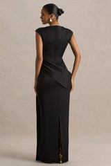 Influence | Black Satin Slashed-Neck Maxi Dress With Embellished Detail And Sash