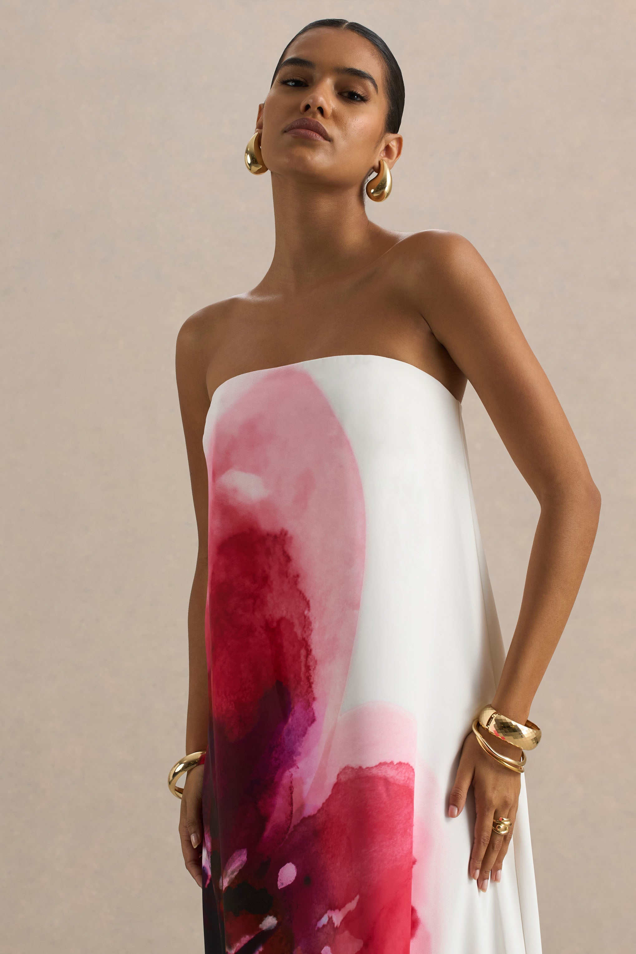 Breonna | Bright Pink Floral Placement Print Bandeau Maxi Dress