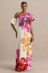 Anastasia | Large Multi-Floral Print Asymmetric-Neck Maxi Dress