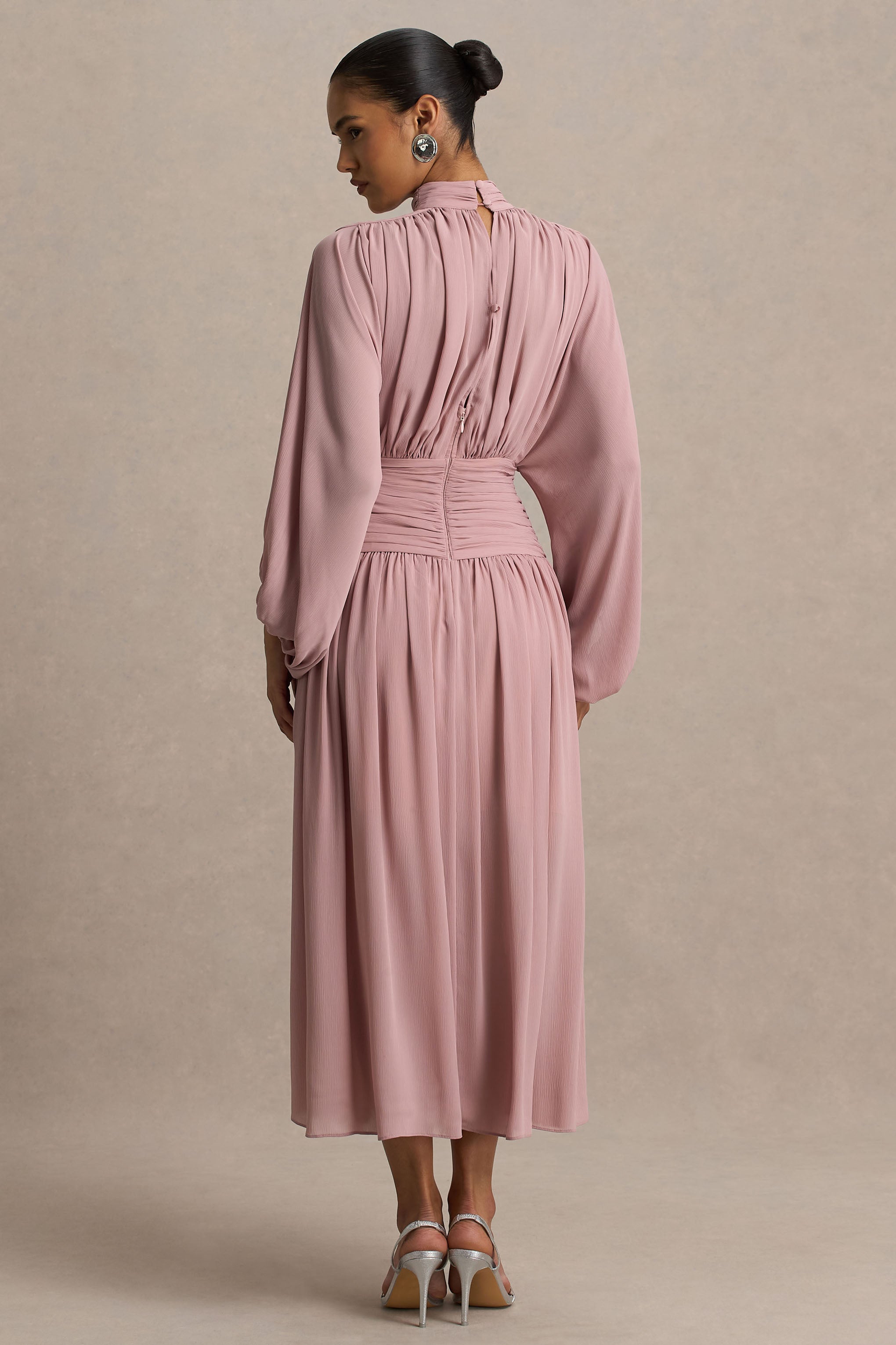 Annabel | Dusty Pink High-Neck Midi Dress With Pleating
