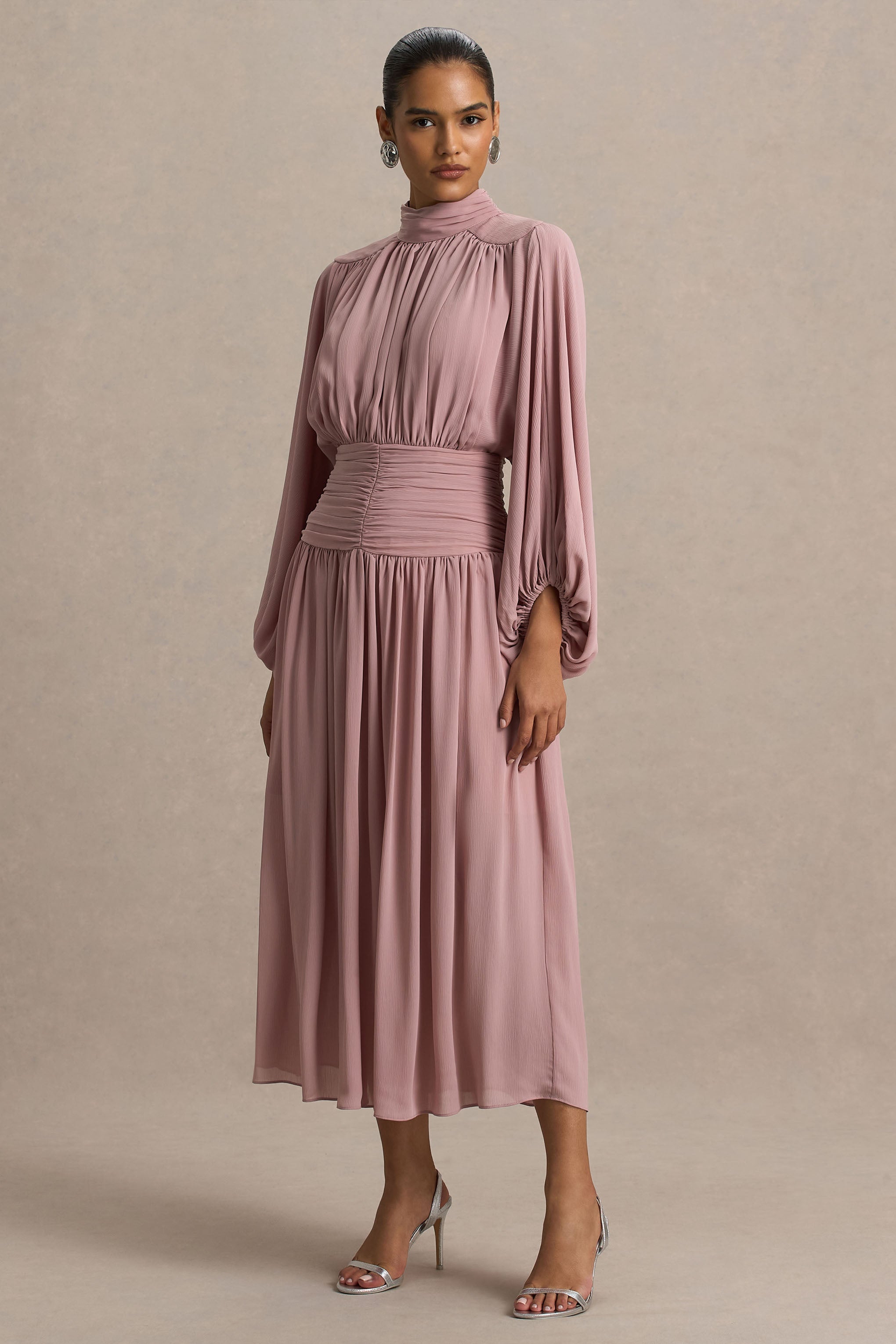 Annabel | Dusty Pink High-Neck Midi Dress With Pleating