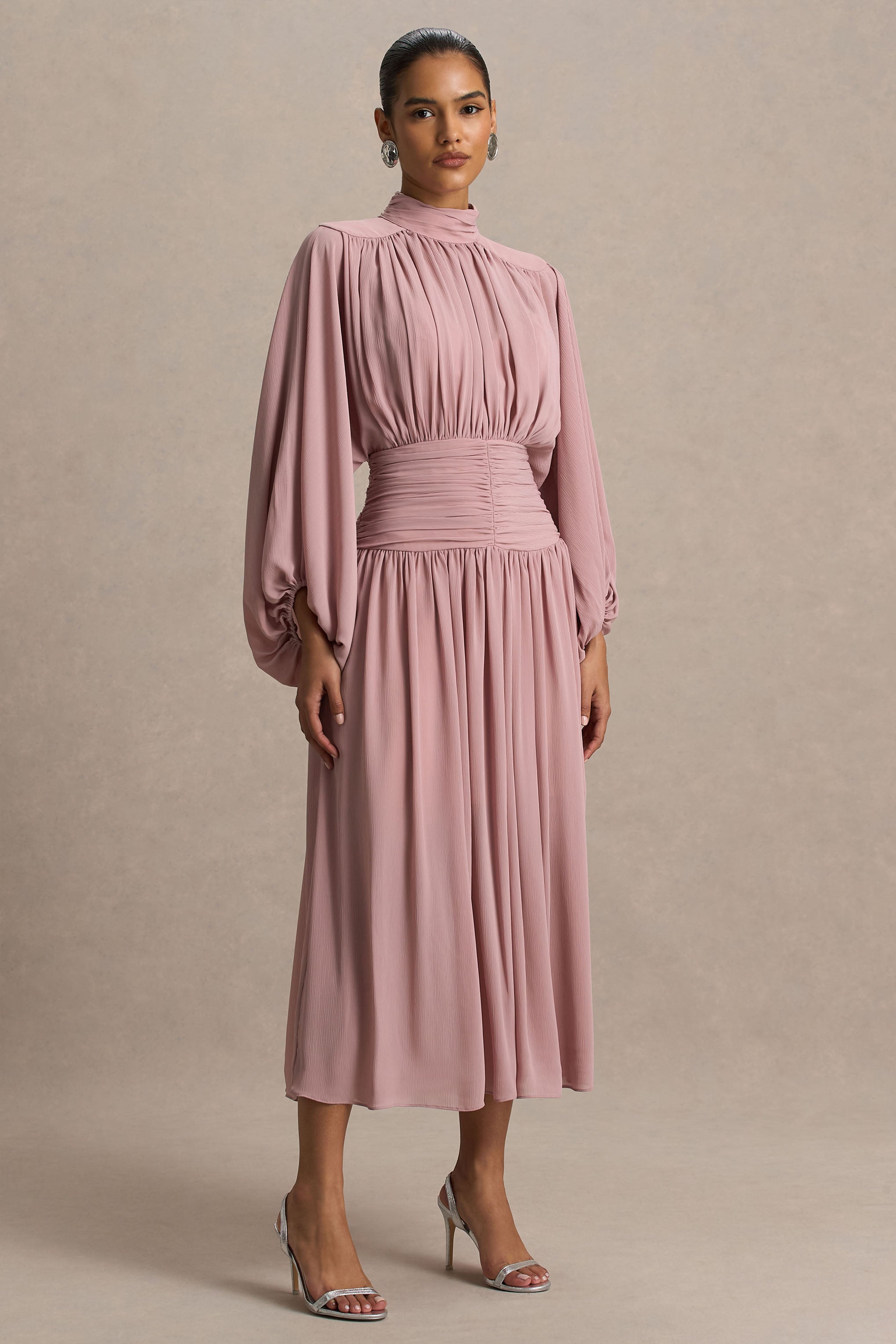 Annabel | Dusty Pink High-Neck Midi Dress With Pleating