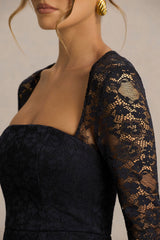 Alissa | Black Lace Square-Neck Midi Dress