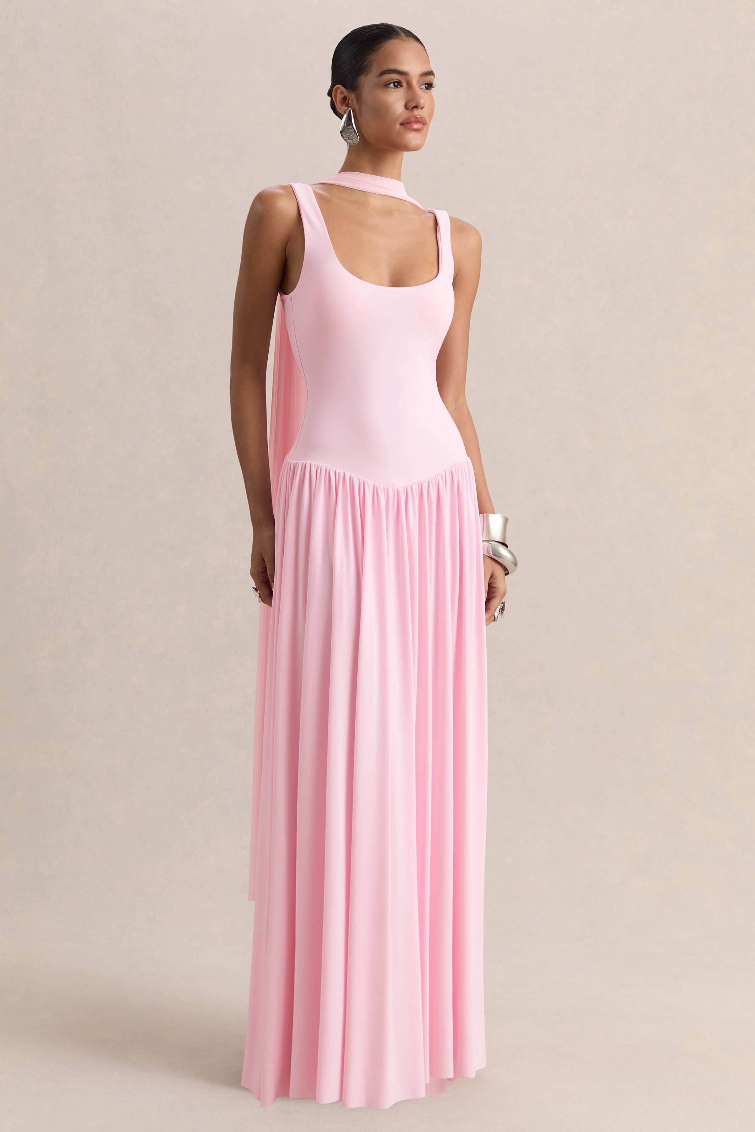 Aurina | Pink Square-Neck Maxi Dress With Cape