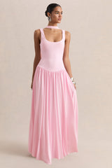 Aurina | Pink Square-Neck Maxi Dress With Cape