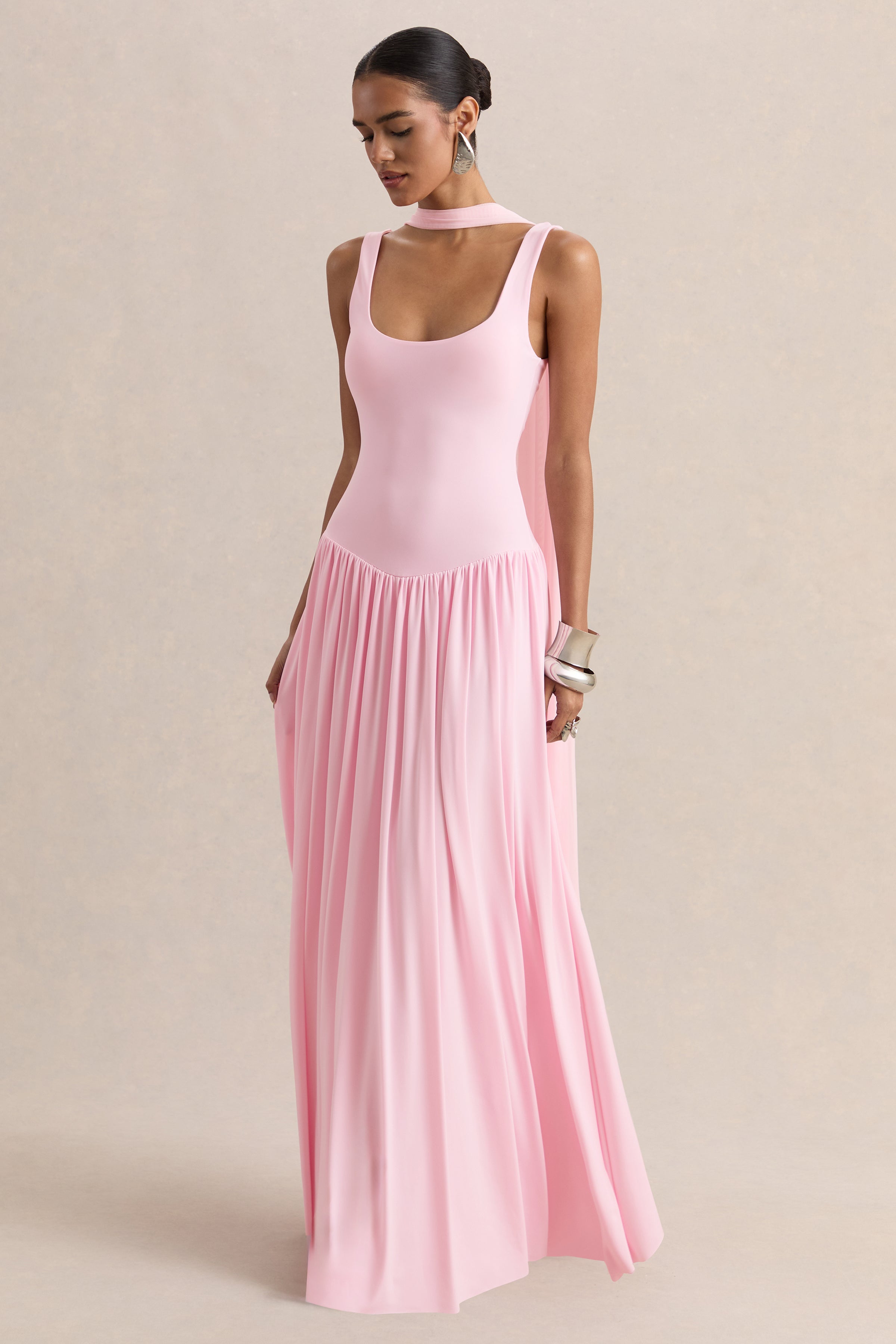 Aurina | Pink Square-Neck Maxi Dress With Cape