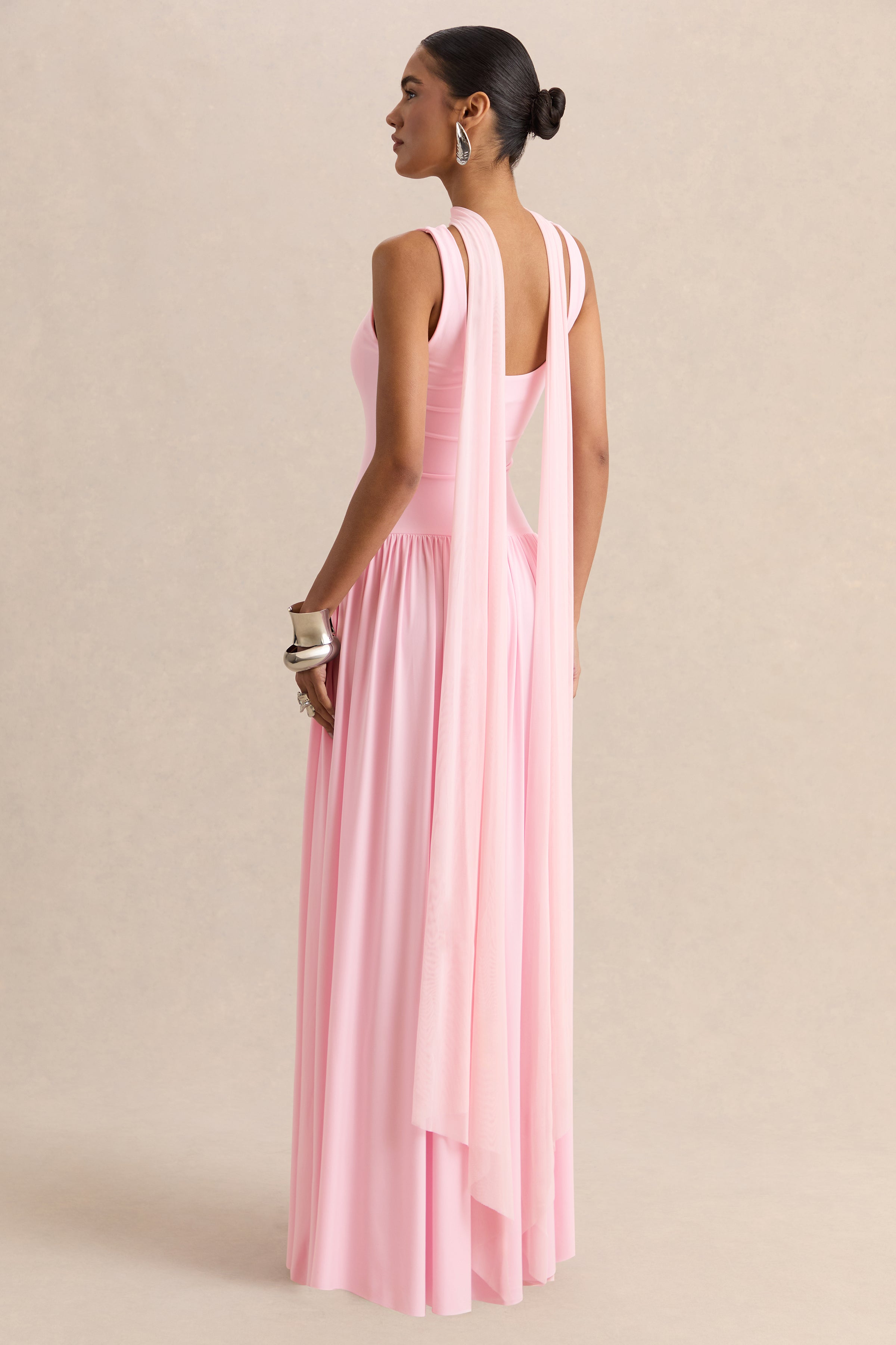 Aurina | Pink Square-Neck Maxi Dress With Cape