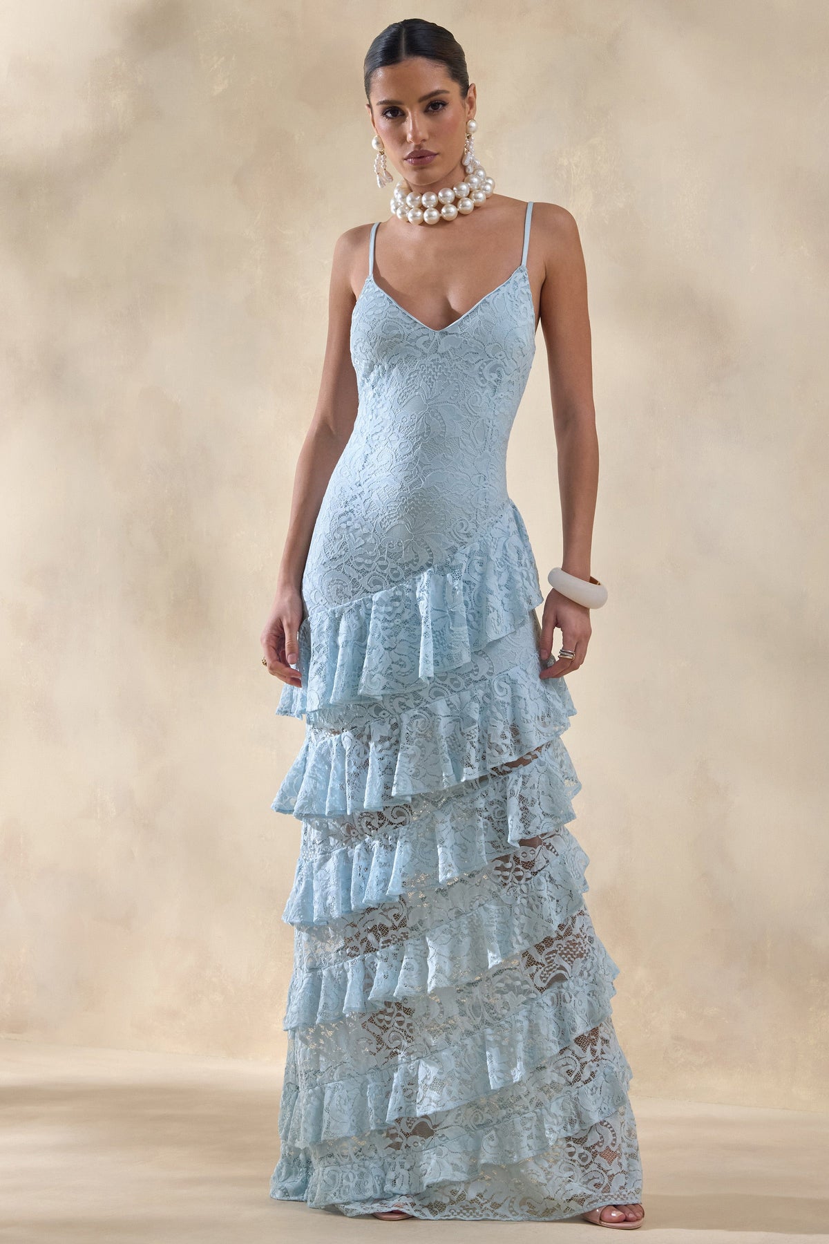 Avelisse | Blue Lace Plunge-Neck Maxi Dress With Ruffled Detailing