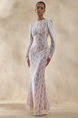 Nabina | White Lace Crew-Neck Maxi Dress With Draped Back-Detail