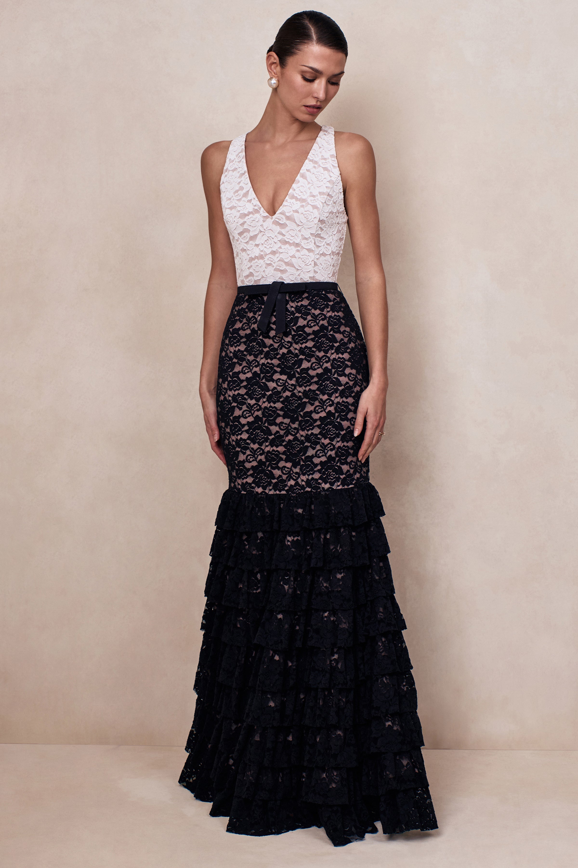 Isoria | Black And White Lace Halter-Neck Maxi Dress With Bow-Belt Detail