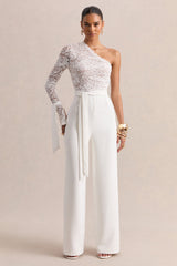 Clarence | White Lace Asymmetric-Neck Jumpsuit With Bow-Details