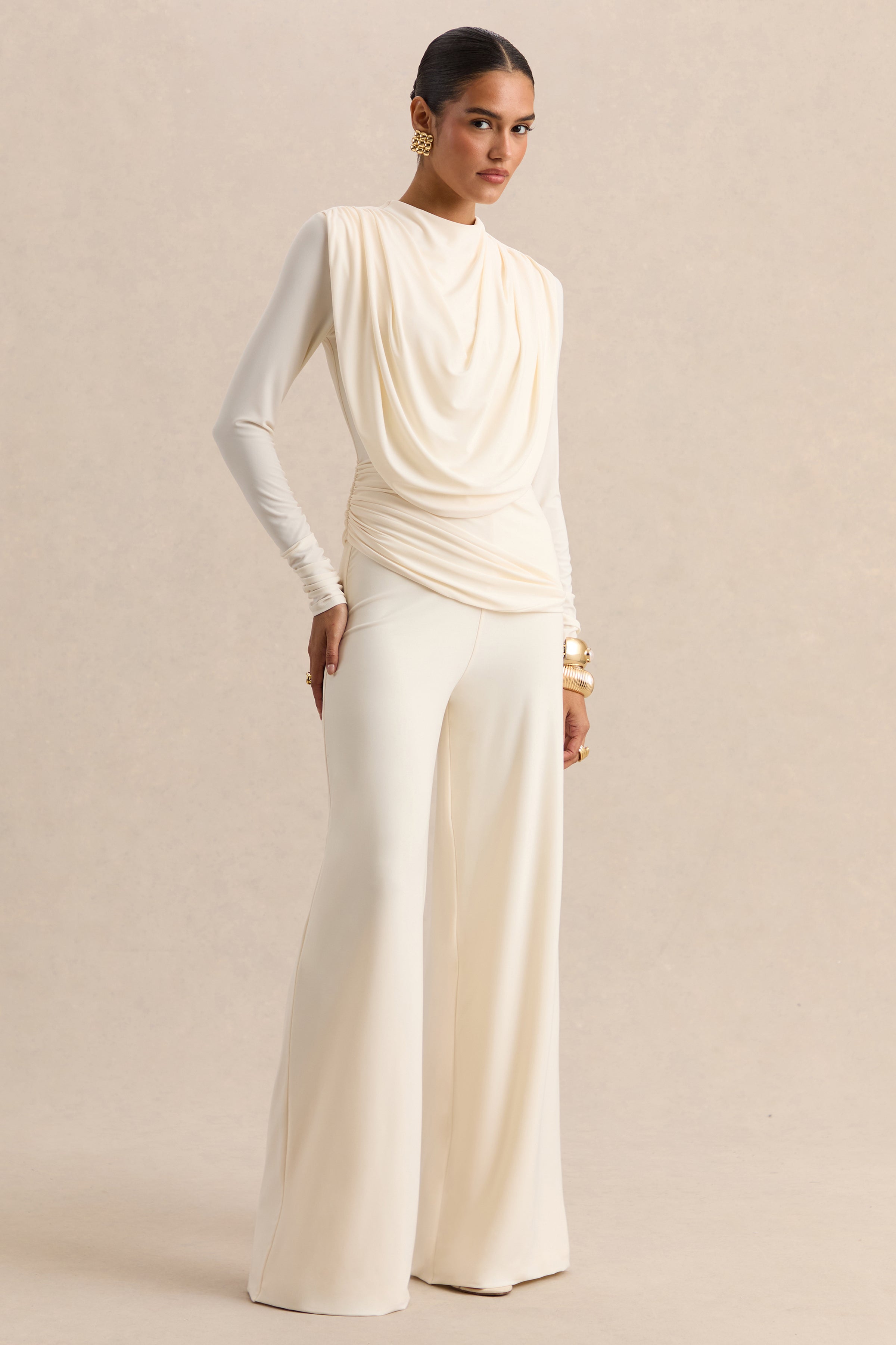 Raniella | White High-Neck Top With Gathered And Draped-Detailing