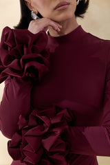 Jaselle | Dark Plum High-Neck Maxi Dress With Ruffled Satin-Cuffs