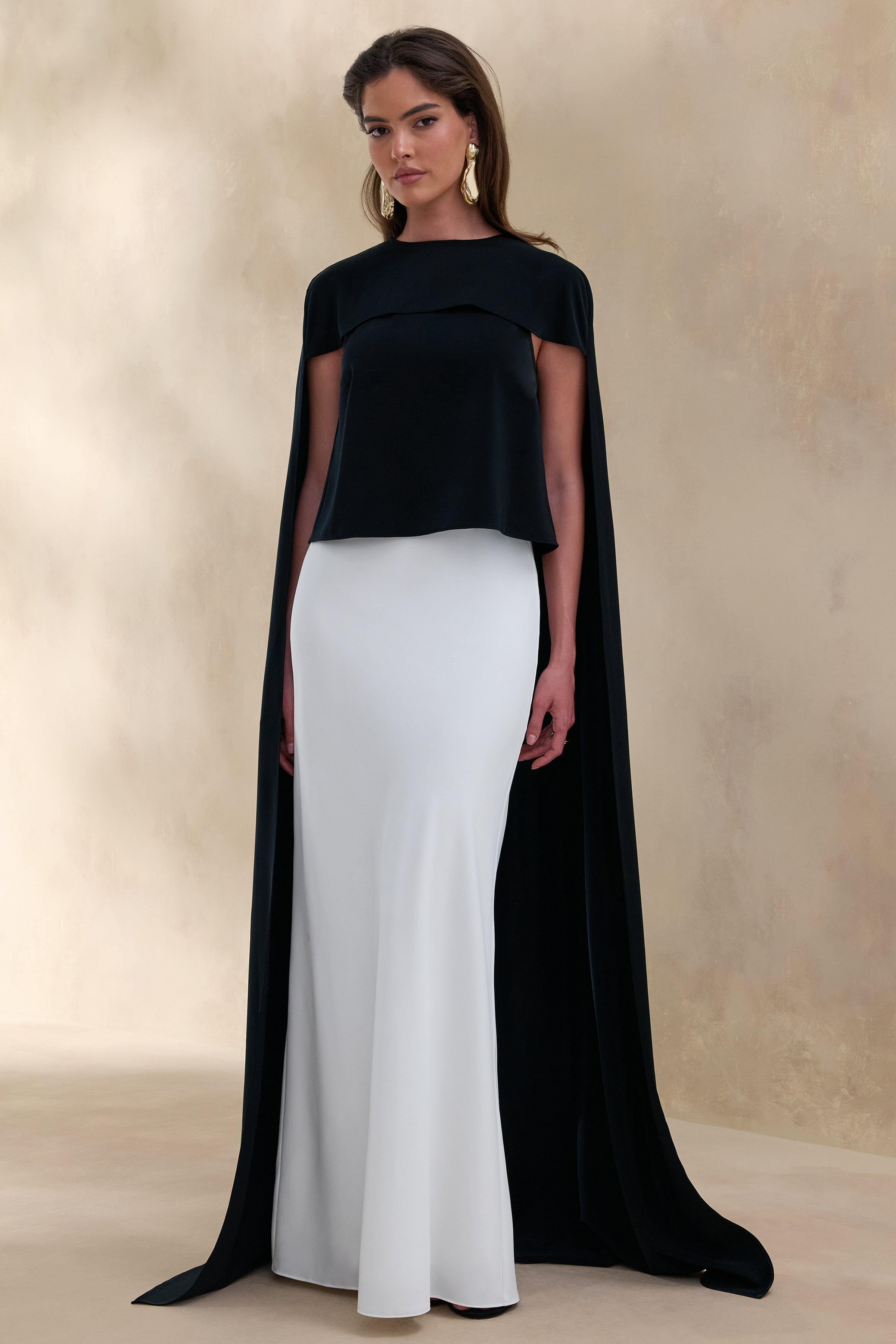 Aetheria | Black Satin High-Neck Top With Cape