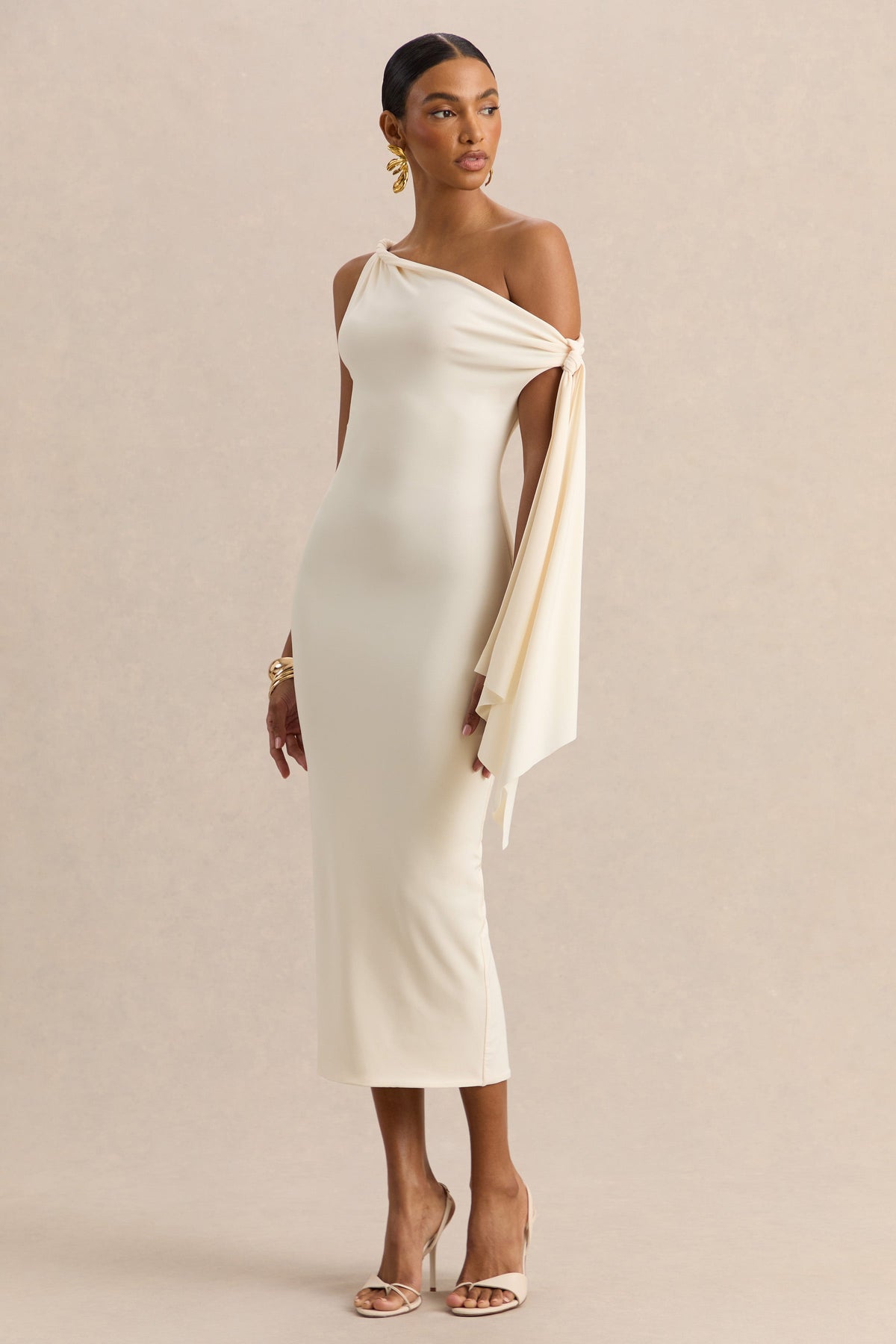 Arcelia | Cream Asymmetric-Neck Midi Dress With Knot-Sleeve Detail
