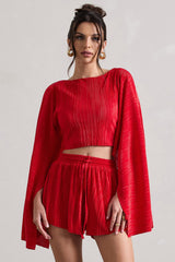 Flare | Red Plisse Cape Sleeve Crop Top